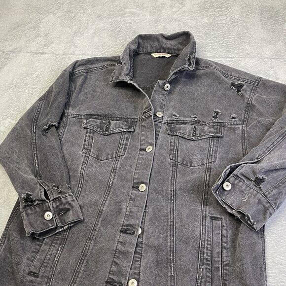 Highway Jeans Denim Black Jacket Women Size Large Distressed Oversized Long Coat - Picture 4 of 15